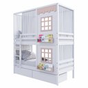 Ver imagem 2 de Beliche Casinha Reta com 02 Janelas 02 Gavetas e Cortina Madeira Maciça Branco/ Rosa Housin
