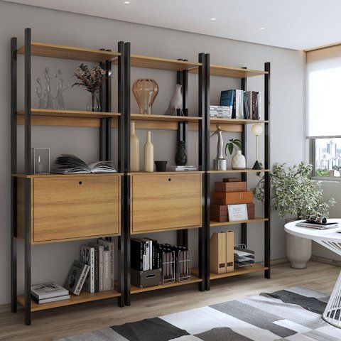 Estante para Livros Industrial 2 Portas 11 Prateleiras Mel/preto - Panorama Móveis