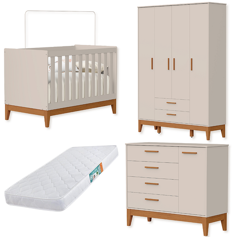 Quarto de Bebê Berço + Cômoda + Guarda Roupas Areia Fosco Flip com Colchão