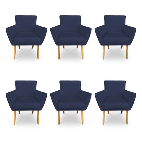 Kit 6 Poltronas Decorativa Leticia Suede Azul Marinho Pés Palito Castanho - Pallazio