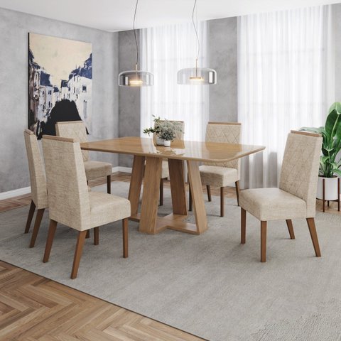 Conjunto Mesa Lins 160cm com Vidro 06 Cadeiras Nina Off White/Nature/Bege