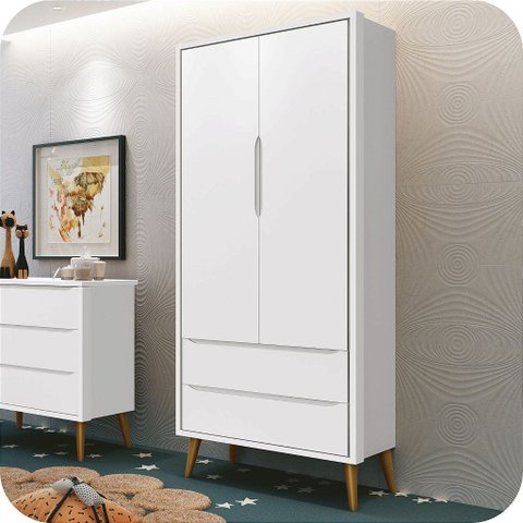 Guarda Roupa Infantil 2 Portas e 2 Gavetas Retrô Branco Theo Madeira