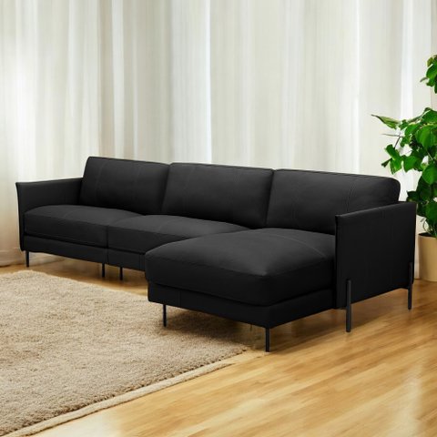 Sofá Decorativo Karine 5 Lugares Sala de Estar 330cm com Chaise Pés em Aço Couro Preto G88 - Gran Be