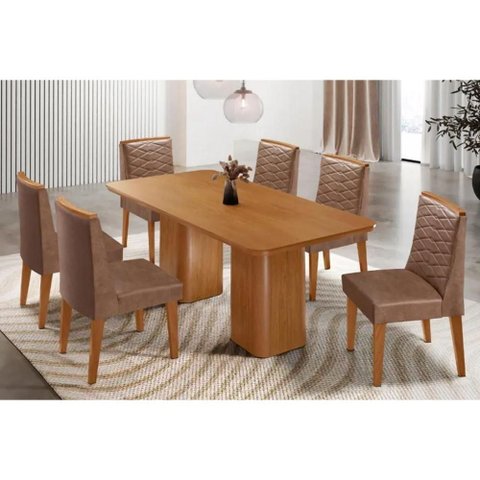 Conjunto: Mesa Sala Jantar Maldivas Tampo Curvo 180cm+6 Cadeiras Maldivas Madeira Naturale -