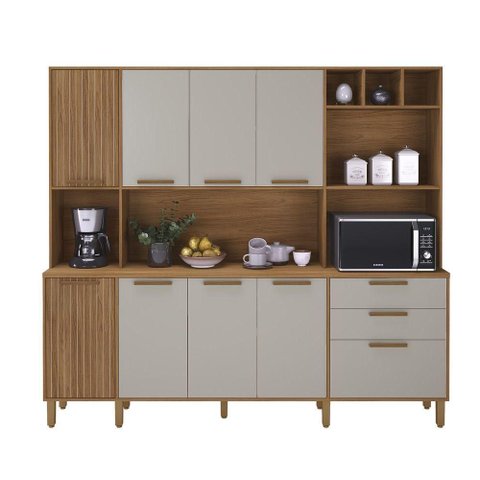 Kit Cozinha Porto 9 Portas 2 Gavetas MDP 219cm Freijo e Off White Indékes