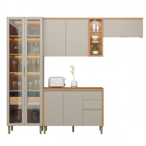 Cozinha Completa Allure 7 Portas 4 Gavetas 100% Mdf com Vidro Jequitibá/gris - Linea Brasil