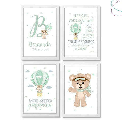Kit com 4 Quadros Decorativos Infantil Ursinho Baloeiro: Branca