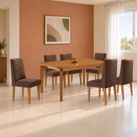 Conjunto de Mesa de Jantar Dublin 180 Tp MDF Laminado Canto Copo 6 Cadeiras Estela
