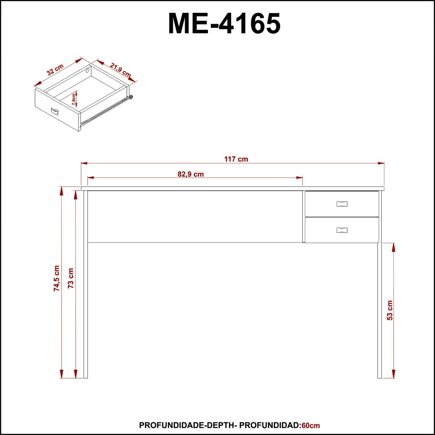 Escrivaninha 117Cm 2 Gavetas Me4165  - 6