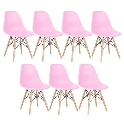 Kit 7 Cadeiras Charles Eames Eiffel Dsw - Base de Madeira Clara - Rosa Claro Multicolorido