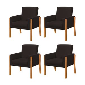 Kit 4 Poltronas Sala de Espera Pés em Madeira Santorini Linho Marrom Escuro