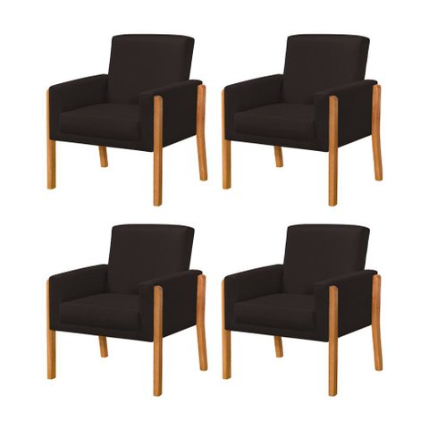 Kit 4 Poltronas Sala de Espera Pés em Madeira Santorini Linho Marrom Escuro