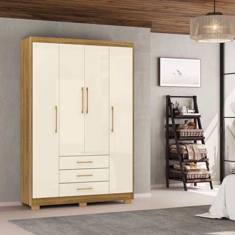 Guarda Roupa Pequeno Ep 4 Portas e 3 Gavetas Ideal para Quarto de Solteiro:nature-champanhe