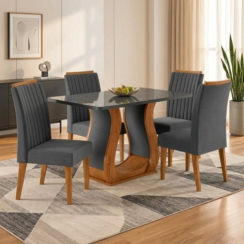 Conjunto Mesa de Jantar com 4 Cadeiras em Veludo e Tampo de MDF com Vidro Mel/Cinza Inspirare
