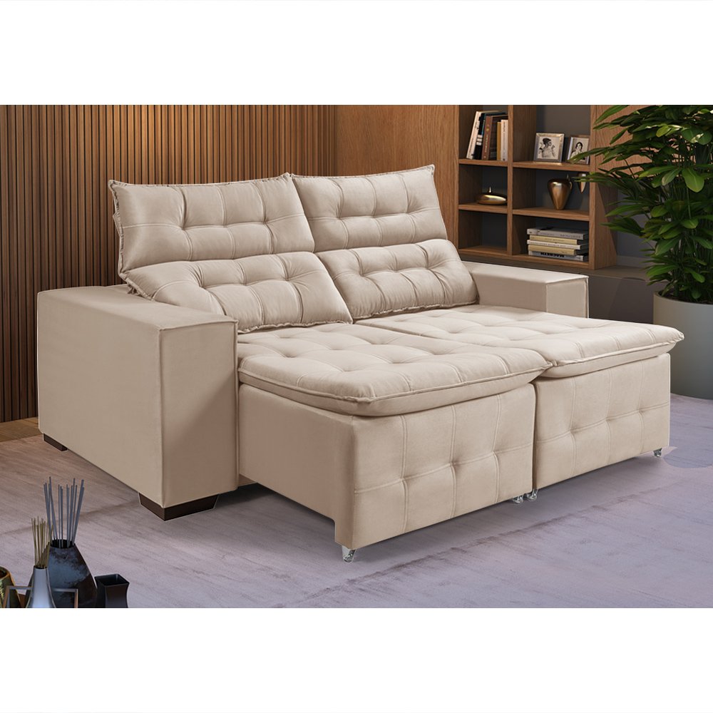 Sofá Retratil Reclinável Pillow 1,90 Veludo Palha