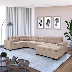 Sofá Viena 3 Lugares com Chaise e Canto Suede Areia 376 Premium Plus Império