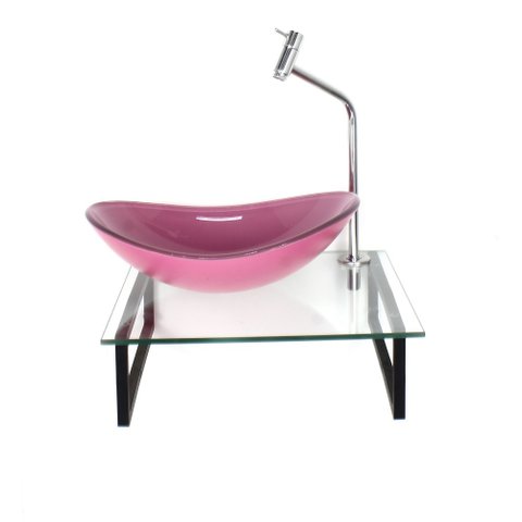 Kit Cuba de Vidro Oval 10mm Rosa com Tampo 40cm Incolor e Suporte Preto
