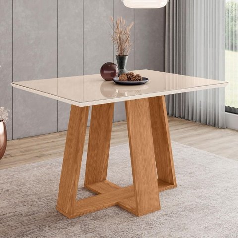 Mesa de Jantar 4 Lugares 120cm Vidro Canto Reto Lince Nature/off H02 - Mpozenato