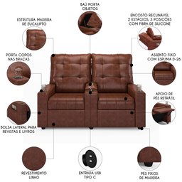 Poltrona de Cinema Reclinável 2 Lugares Baú Usb Mallie Fh9 Pu Marrom Brilho - Mpozenato - 3 Poltrona de Cinema Reclinável 2 Lugares Baú Usb Mallie Fh9 Pu Marrom Brilho - Mpozenato - 3