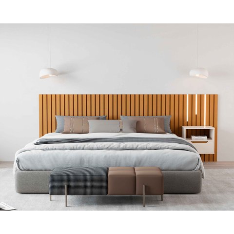 Cabeceira Ripado para Cama King Size Maracá Nature com Mesa de Cabeceira Jatobá com Led Offwhite - R