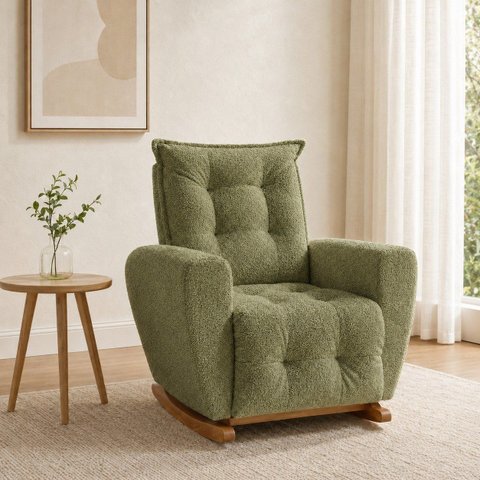 Poltrona de Amamentação Balanço com Puff Ternura em Bouclê Elegância e Design Moderno Verde Oliva
