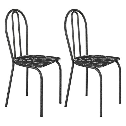 Kit 2 Cadeiras de Cozinha Texas Estampado Preto Florido Pés de Ferro Cromo Preto - Pallazio