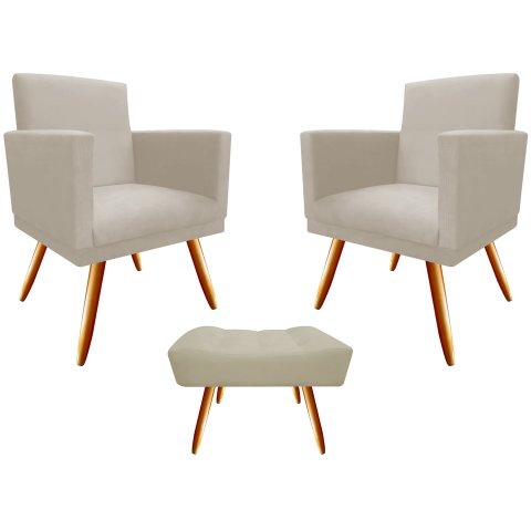 Kit 2 Poltronas Decorativa Nina + Puff Retangular Suede Bege Pés Madeira Mz Decor