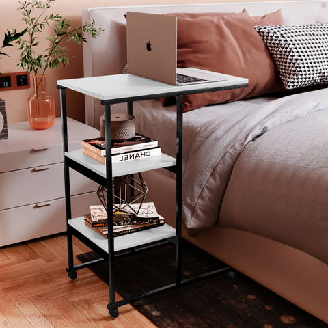 Mesa de Apoio Lateral Auxiliar Carrinho com Rodinhas Mesinha Apoio de Notebook Cama Sofá Ferro e Mdf