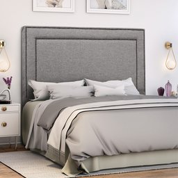 Cabeceira com Tachinhas Metal Fumê Estofada 160cm para Cama Queen Linho Cinza Madri - Lh Móveis - 1
