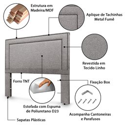 Cabeceira com Tachinhas Metal Fumê Estofada 160cm para Cama Queen Linho Cinza Madri - Lh Móveis - 5