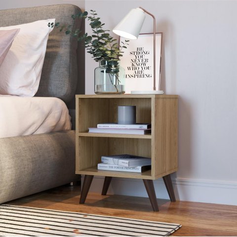 Mesa de Cabeceira Retrô 39 Cm com 2 Nichos e Prateleira Cor:oak