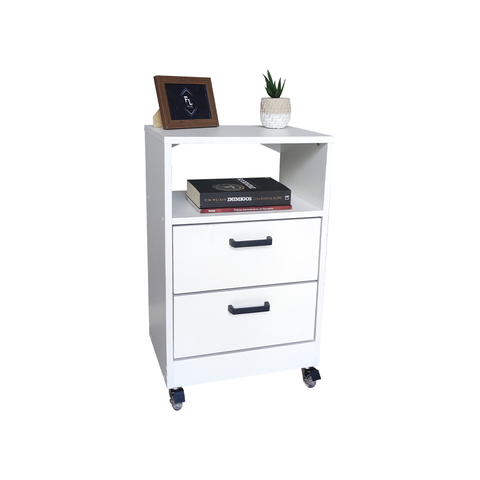 Mesa de Cabeceira Branca 40cm 2 Gavetas Mdf Quarto Gaveteiro Puxador Arquivo-com Rodinhas (montado)