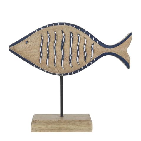 Escultura Madeira Peixe 21,5x25x5cm Branco e Azul Flor Arte Flor e Arte