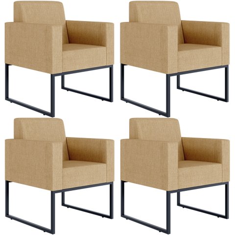 Kit 4 Poltronas Decorativa Sala Recepção Base Fixa de Metal Helô L02 Linho Bege Escuro - Lyam