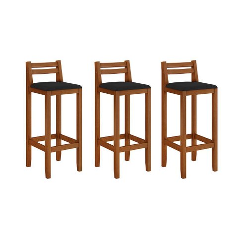 Kit 3 Banquetas em Madeira Maciça Ibiza Balcão 98 Cm - Malbec Assento Preto
