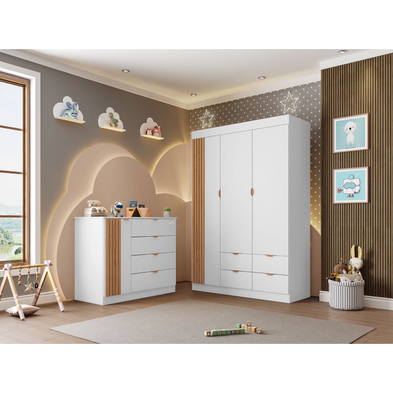 Quarto Infantil Ayla Branco C/ Amadeirado _ Phoenix Baby