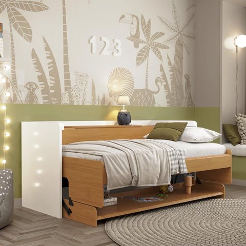 Cama de Solteiro First Horizontal com Baú Office 205x137cm Branco/Freijó Fhso