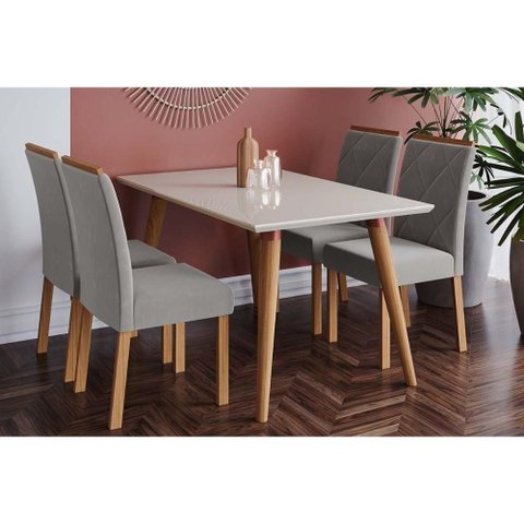 Conjunto: Mesa de Cozinha Adele Madeira Maciça C/ Tampo Madeirado C/ Vidro 130x80cm e 4 Cadeiras