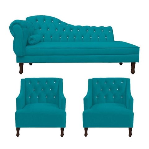 Kit Divã Cancun 185cm Braço Direito + 2 Poltronas Genesis com Strass Suede: Azul Turquesa