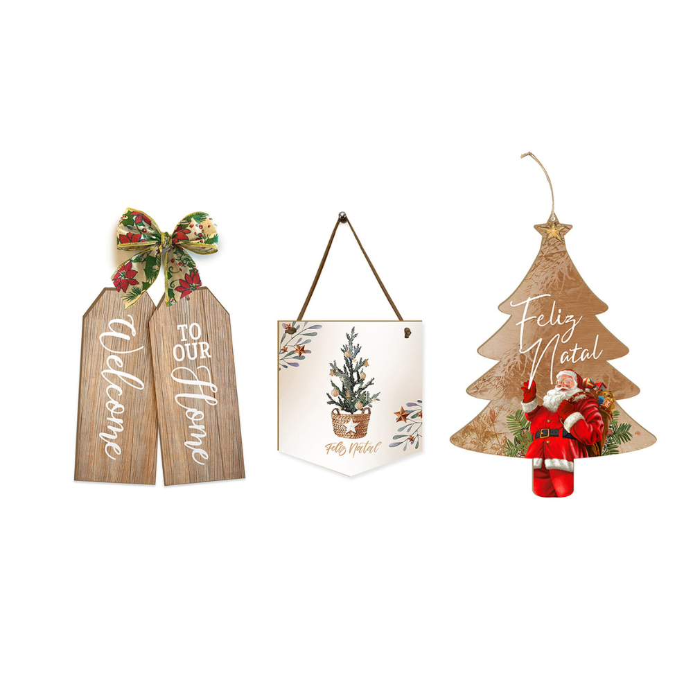 Kit Placas de Porta com Frases de Natal Papai Noel