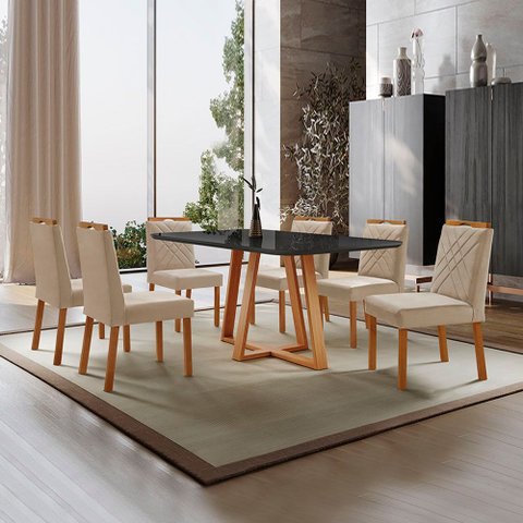 Conjunto Sala de Jantar Mesa Florença Madeira Maciça 160x90cm Tampo Retângular Vidro Preto com 6 Cad