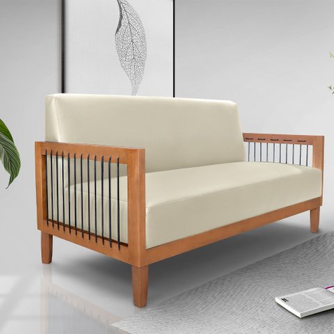 Poltrona Namoradeira Sala de Estar Pés Madeira Maciça Corda Náutica Preta 160cm Manila Pu Bege G63 -