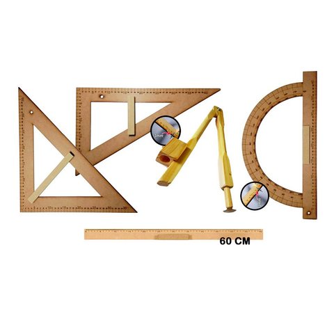 Kit Geométrico do Professor Mdf com Régua 60 Cm 1 Compasso para Quadro Branco 40 Cm, 1 Esquadro 30/6