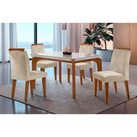 Sala de Jantar Completa Londrina Tampo Madeirado C/ Vidro Curvo 120x80 e 4 Cadeiras Amsterdã Imbuia