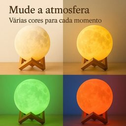 Luminária Lua Cheia 3d Rgb Led Controle Touch Usb:branco/marrom - 6