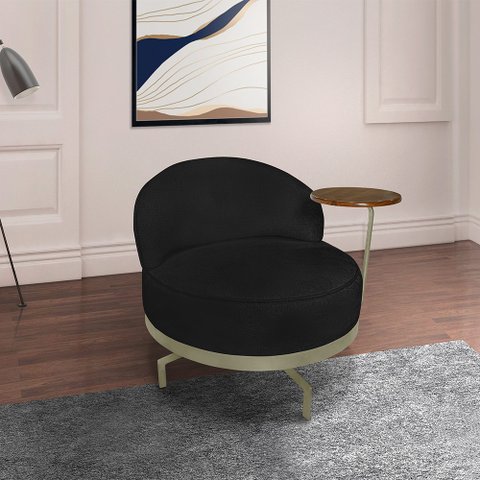 Poltrona Sala de Estar Pés em Ferro Champagne Giratória Braço Madeira Maciça 86cm Banff Bouclê Preto