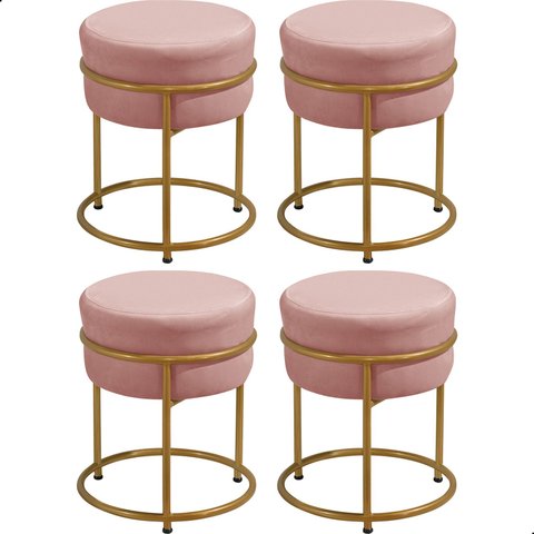 Kit 4 Puff Redondo Argola Levi Veludo Rosa Base em Aço Dourado - Arkell