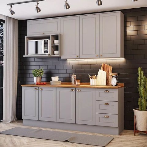 Cozinha Compacta 200cm com Aéreo Nicho para Micro-ondas 8 Portas 3 Gavetas Americana Henn- Cinza/nat