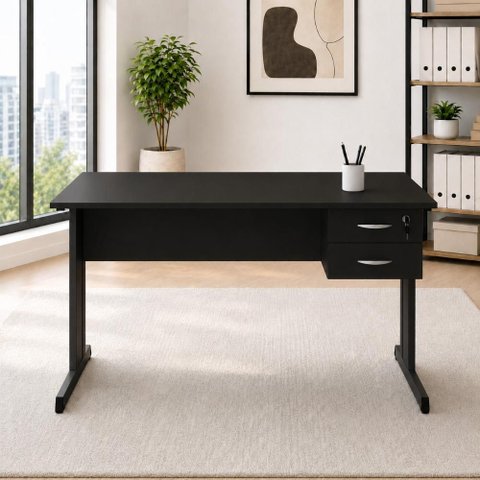 Mesa Escrivaninha Pés Metal 120cm x 60cm com Gaveteiro Suspenso 2 Gavetas F5 Office Cor:Preto