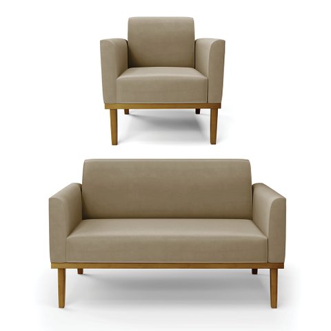 Conjunto Poltrona e Namoradeira Decorativa Isabella Pés Fixo em Madeira Castanho Suede Nude G19 - Gr